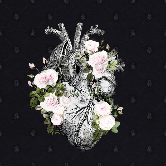 Human heart and roses, anatomy illustration art, lightpink roses and leaves by Collagedream